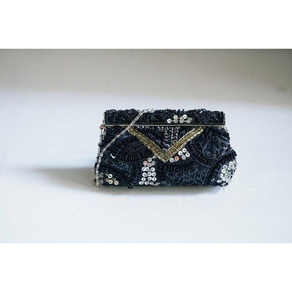 Vintage Black Beaded Sequin Latch Closure Little Evening Purse - Picture 2 of 8
